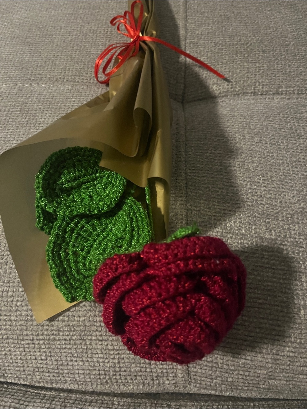 Handmade Red Crochet Rose with Green Leaves - Home Art
